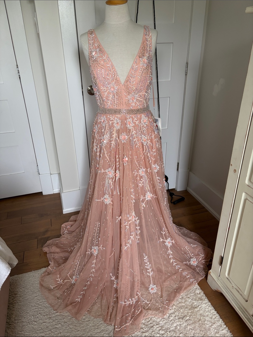Mac Duggal Blush Pink Embroidered V-Neck Prom Gown